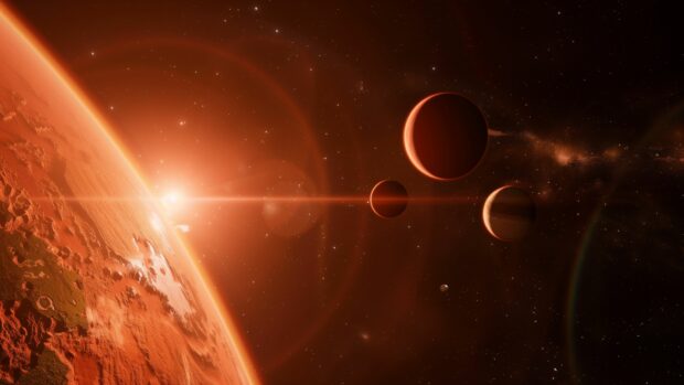 An artistic rendering of the Trappist 1 planetary system with multiple planets orbiting a red dwarf star.