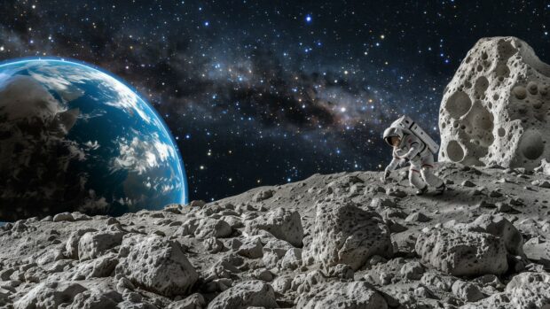 An astronaut exploring the surface of an asteroid with the Earth and stars in the Space background free download for desktop.