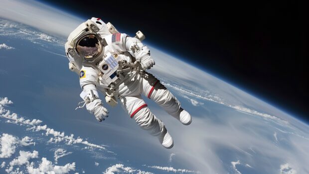 An astronaut floating in space wallpaper with Earth in the background, capturing the vastness of space.