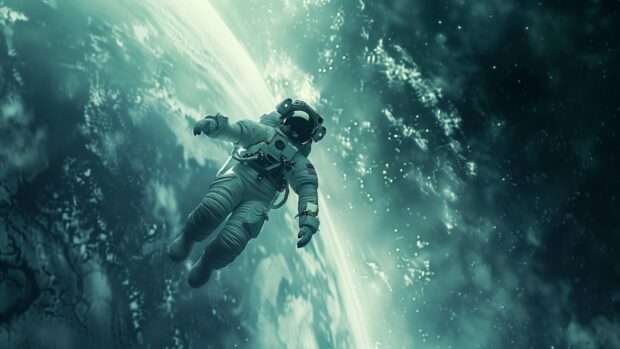 An astronaut floating in space with Earth in the background, capturing the vastness and serenity of space desktop background HD.