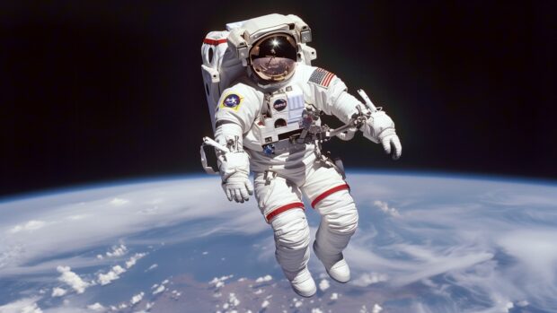 An astronaut floating in space with Earth in the background, capturing the vastness of Space Background 1080p.