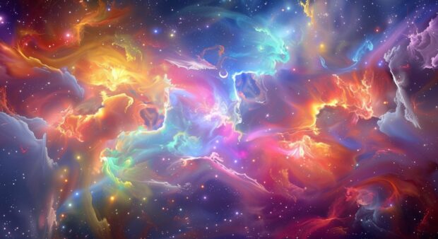 An cool space background with rainbow colored gas clouds and glowing stars, creating a trippy and visually captivating effect.