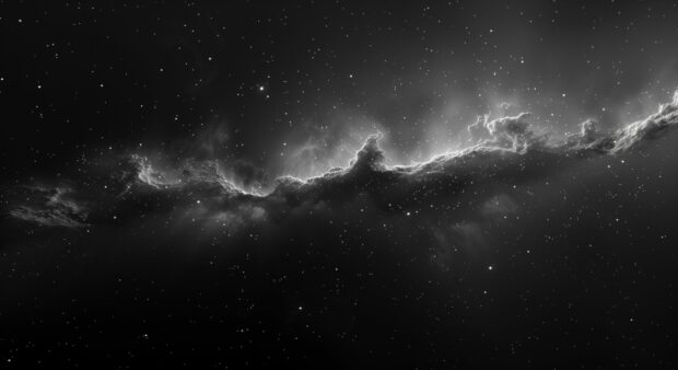 An eerie dark space scene with a faint nebula and scattered stars, creating a mysterious and haunting atmosphere.