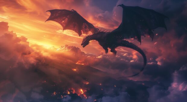 An epic dragon soaring over a mountain range, breathing fire and casting a shadow over the land, reminiscent of MTG dragon illustrations.