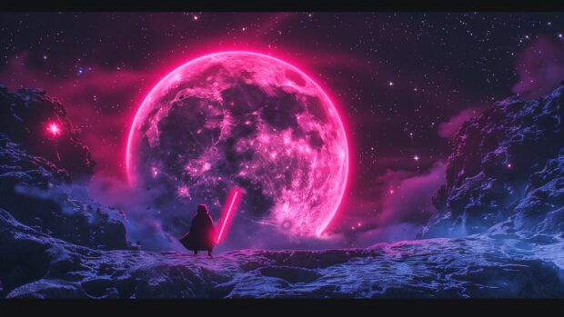 An epic duel between a Jedi and a Sith on a distant moon, with lightsabers clashing and stars in the background.