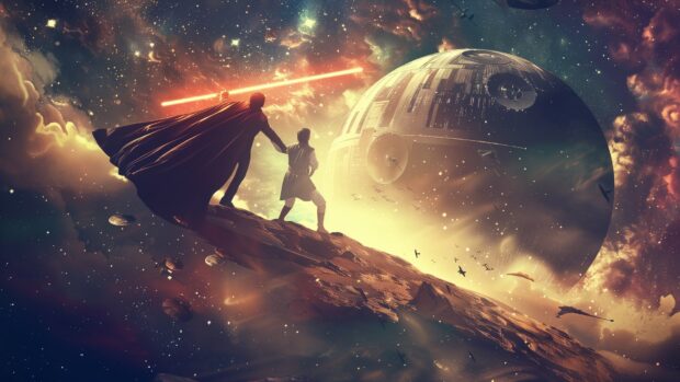 An epic duel between a Jedi and a Sith on a distant moon, with lightsabers clashing and stars in the background.