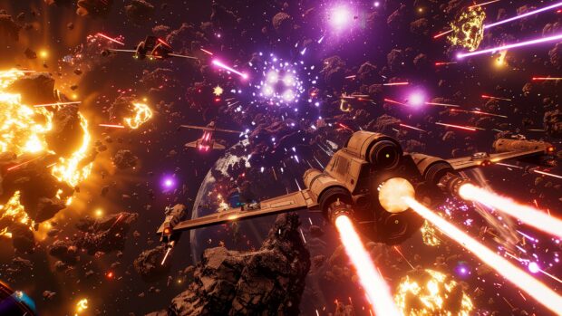 An epic space battle with multiple spaceships engaging in combat, lasers and explosions lighting up the dark void of space (2).