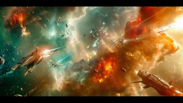 An epic space battle with multiple spaceships engaging in combat, lasers and explosions lighting up the dark void of space background.