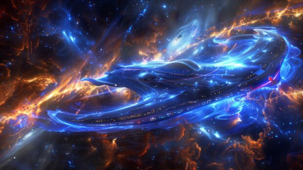 An epic view of a starship flying through a blue nebula, with light trails and distant stars creating a sense of motion and wonder, cool HD desktop space.