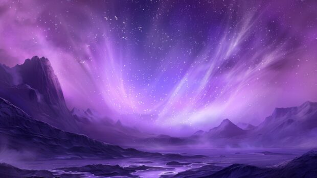 An ethereal depiction of a purple aurora borealis dancing over an alien landscape, with a star filled sky above, cool space background.