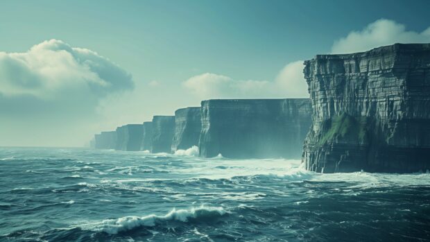 An ocean background with towering cliffs and crashing waves below.