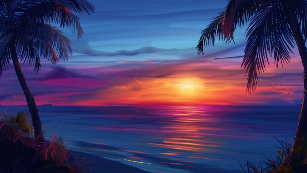 An ocean scene with a dramatic sunset and silhouetted palm trees.