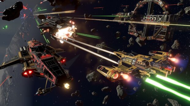 An space battle with multiple spaceships engaging in combat, lasers and explosions lighting up the dark void of space hd wallpaper.