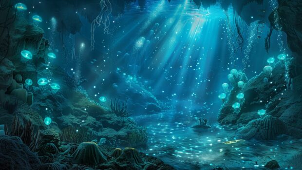 An underwater ocean cave with glowing bioluminescent creatures.