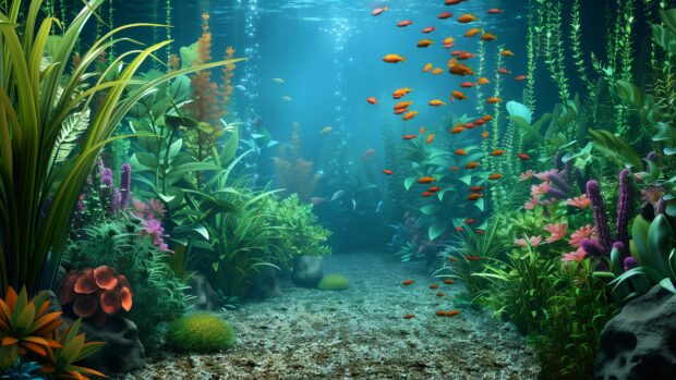 An underwater ocean garden with exotic plants and fish.