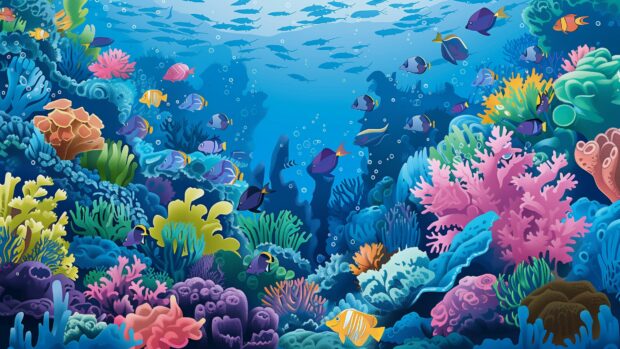 An underwater scene with a school of colorful fish swimming around a coral reef.