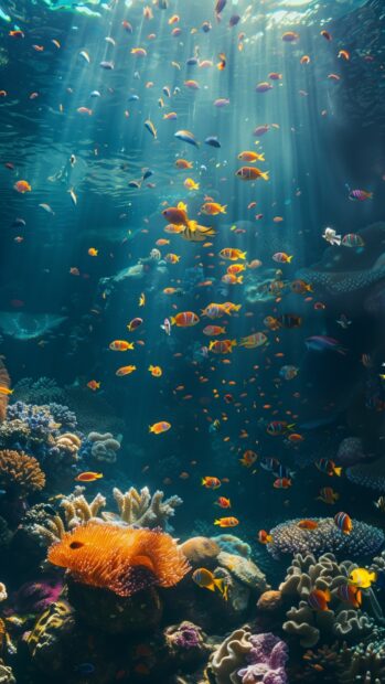 An underwater scene with colorful coral reefs and schools of fish.