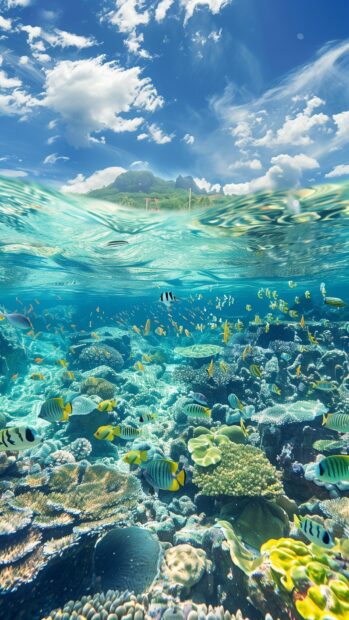 An underwater scene with colorful coral reefs and schools of fish, iPhone wallpaper.