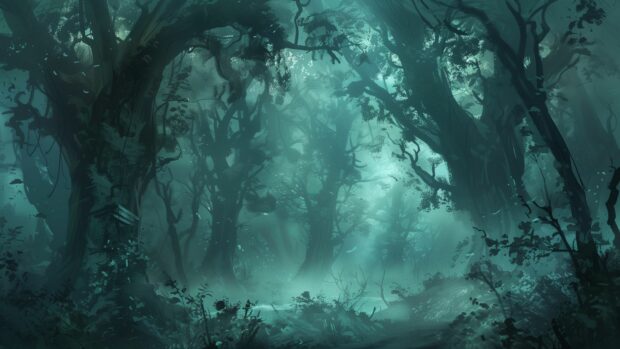 Ancient forest with towering trees and cool mystical fog.