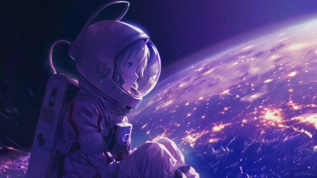 Anime 1080p background with An anime girl in a spacesuit floating in deep space, with Earth and distant stars visible in the background, serene and beautiful.