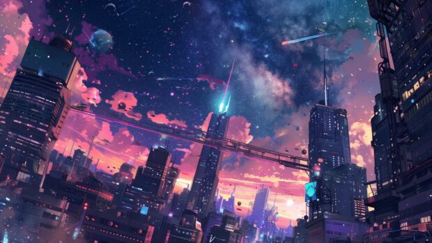 Anime Space 1080p background with A vibrant anime space colony on an alien planet, with futuristic buildings and colorful skies filled with stars.