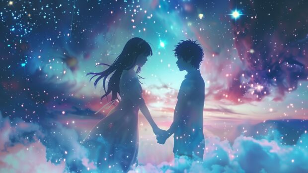 Anime Space 4K background with a romantic anime scene with a couple holding hands in space, with a beautiful nebula and stars in the background.