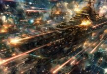 Anime Space background with a fleet of anime spaceships engaging in a space battle, with laser beams and explosions lighting up the cosmos.