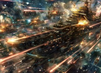 Anime Space background with a fleet of anime spaceships engaging in a space battle, with laser beams and explosions lighting up the cosmos.