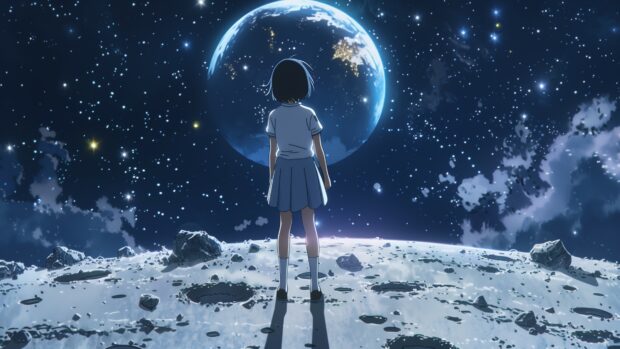 Anime Space desktop 4K background with an anime character standing on the surface of the moon, gazing at Earth with a starry sky above, detailed and dramatic.