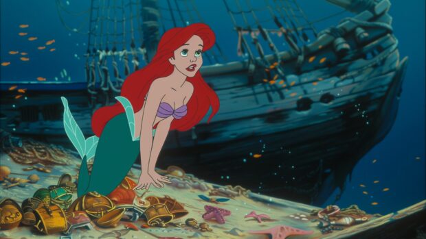 Ariel exploring a sunken ship filled with treasures and trinkets, Mermaid Wallpaper Cartoon character.