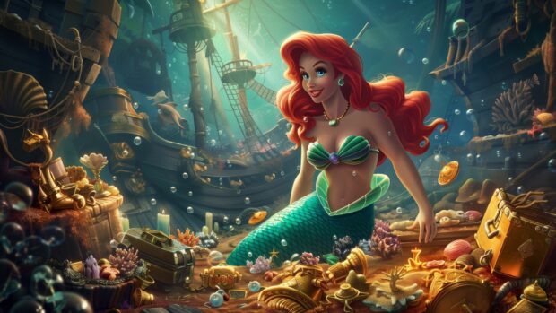 Ariel exploring a sunken ship filled with treasures and trinkets, Mermaid Wallpaper for Desktop.