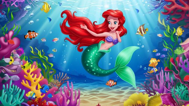 Ariel swimming joyfully among colorful fish and coral reefs.