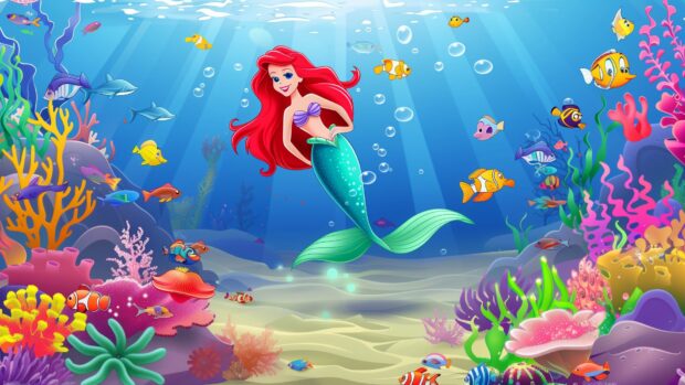 Ariel swimming joyfully among colorful fish and coral reefs, Cartoon Mermaid Wallpaper.
