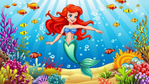 Ariel swimming joyfully among colorful fish and coral reefs, Cartoon character, The Little Mermaid Wallpaper 4K.