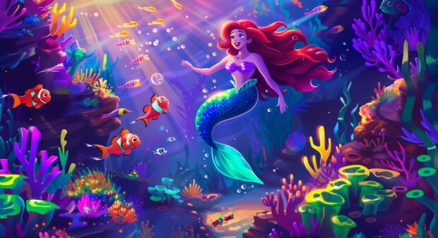Ariel swimming joyfully among colorful fish and coral reefs, Cartoon character in the style of The Little Mermaid.