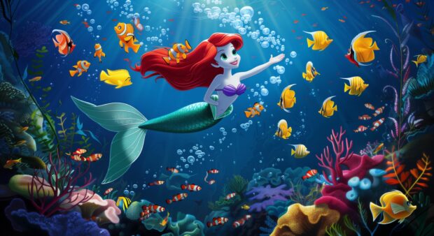 Ariel swimming joyfully among colorful fish and coral reefs, The Little Mermaid Background.