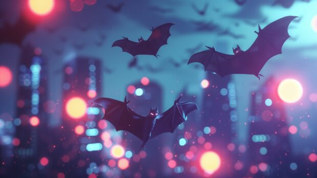 Artistic Halloween bat swarm flying over a city skyline with neon lights.