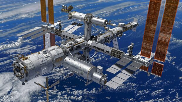Artistic rendering of the International Space Station, highlighting its futuristic design and advanced technology HD wallpaper.