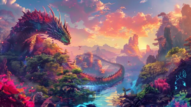 Artistic rendition of a cool dragon in a fantasy landscape with vibrant colors.