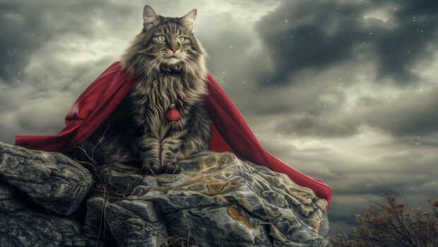 Artwork of a cool cat wearing a superhero cape, ready for an adventure.