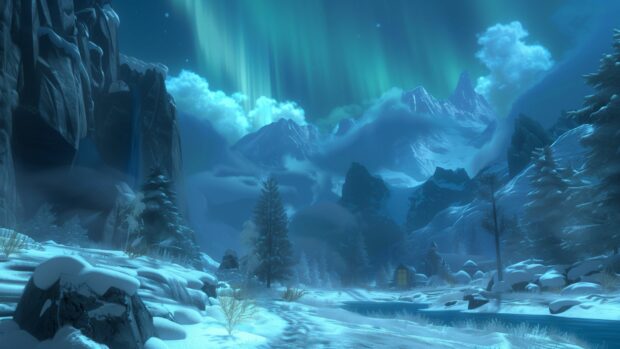 Aurora borealis over a cool snowy landscape.