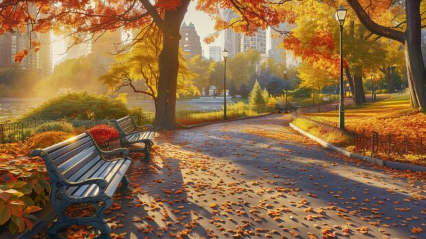 Autumn Desktop HD Wallpaper, A city park in autumn, with benches, pathways, and vibrant fall foliage.