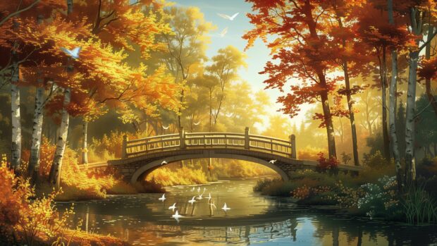 Autumn Desktop Wallpaper, A bridge over a stream, surrounded by trees in full autumn colors.