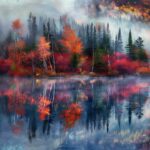 Autumn Desktop Wallpaper, Autumn lake reflecting the colorful foliage of surrounding trees, calm and clear water, mist rising in the morning light, aesthetic landscape.