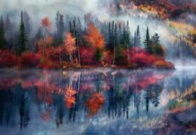 Autumn Desktop Wallpaper, Autumn lake reflecting the colorful foliage of surrounding trees, calm and clear water, mist rising in the morning light, aesthetic landscape.