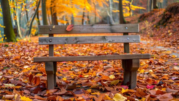 Autumn HD Wallpaper features rustic wooden bench surrounded by fallen autumn leaves.