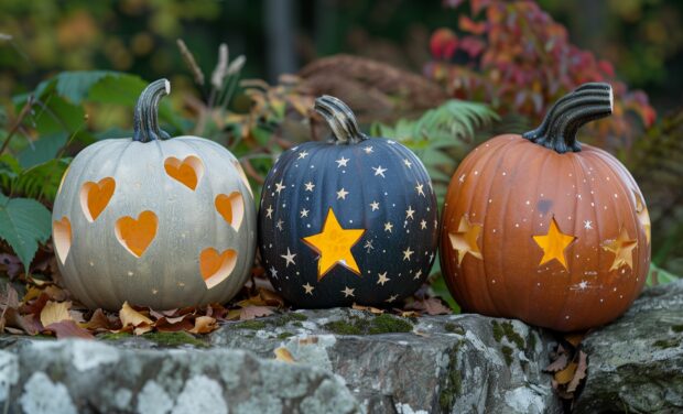 Autumn Halloween pumpkins decorated with hearts and stars.