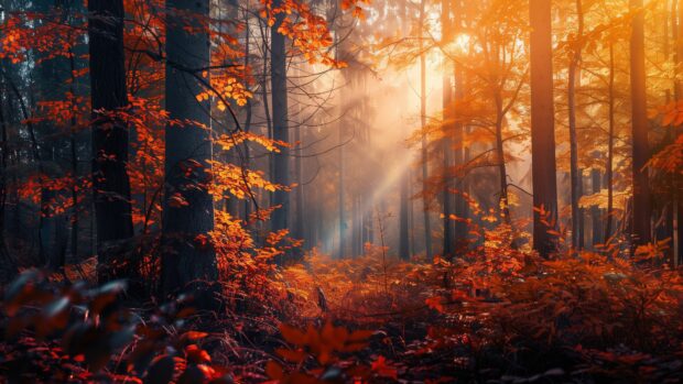Autumn forest 4K desktop wallpaper with vibrant red, orange, and yellow leaves, aesthetic desktop PC wallpaper.