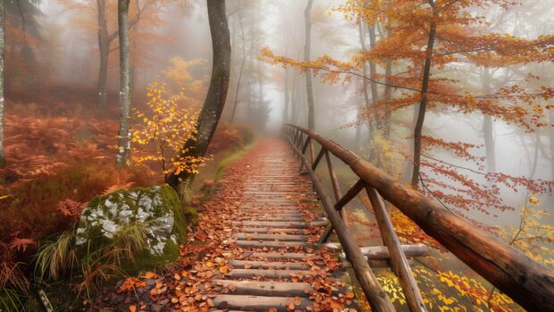 Autumn forest 4K wallpaper with a small wooden bridge.
