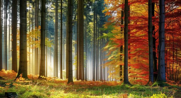 Autumn forest HD wallpaper with tall trees and colorful foliage.